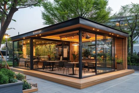 A small, modern building with a glass roof and wooden floors stock photography Hangout Place, Outdoor Restaurant Patio, Rooftop Restaurant Design, Glass House Design, Glass Porch, Modern Bungalow Exterior, Wood Cafe, Nice Houses, Brewery Design