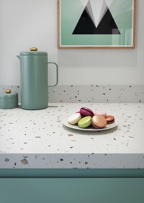 Kitchen Terrazzo, Terrazzo Countertop, Terrazzo Kitchen, Coral Kitchen, Green Kitchen Island, Green Kitchen Designs, Light Gray Cabinets, Sleek Cabinet, White Modern Kitchen