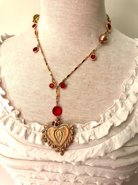 Vintage Sacred Heart Ruby Red Necklace Handmade One Of A Kind | Etsy Vintage Sacred Heart, Ruby Red Necklace, Sacred Heart Necklace, Vintage Assemblage Jewelry, Talisman Jewelry, Mexican Jewelry, Assemblage Jewelry, Red Necklace, Celestial Jewelry