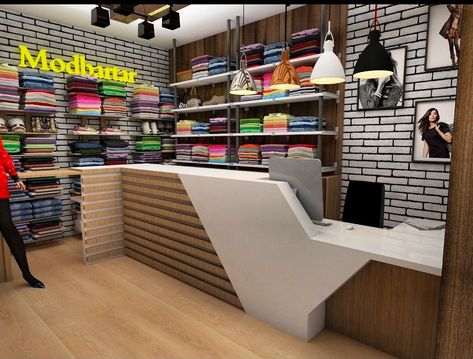 Small Clothes Shop Design Interior, Clothes Shop Counter Design Ideas, Indian Grocery Store Design, Readymade Shop Interior Design, Garments Shop Counter Design, Shop Counter Design Modern, Clothing Store Counter Design, Counter Design Shop Retail Stores, Shop Counter Ideas