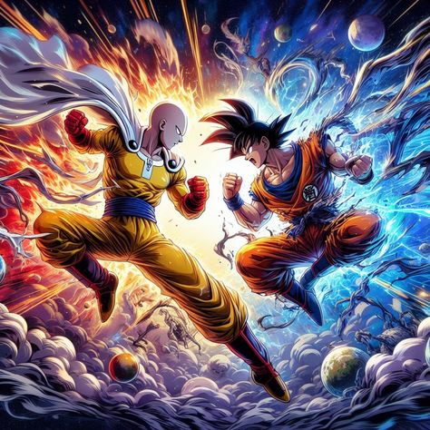 goku and saitama fighting, anime Goku And Saitama, Goku Vs Saitama, Gus Gus, Canva Fonts, One Punch Man Anime, Dragon Ball Art Goku, Goku Vs, Anime Drawing Books, Goku Super