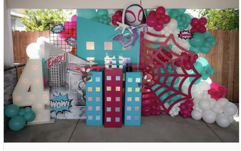 Ghost Spider Party Decorations, Gwen Spiderman Birthday Party, Spider Gwen Party Ideas, Gwen Stacy Birthday Party Ideas, Ghost Spider Decorations, Gwen Ghost Spider Birthday Party, Spider Gwen Birthday Party Ideas, Ghost Spider Party Ideas, Girl Spidey Birthday Party