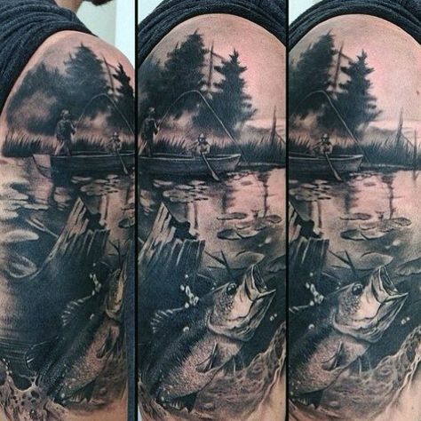 Cool Fishing Tattoos For Males On Arm Pond Tattoo, Fisherman Tattoo, Bass Fishing Tattoo, Fishing Tattoos, Fishing Tattoo, Lake Tattoo, Tattoo Zone, Hunting Tattoos, Fishing Umbrella