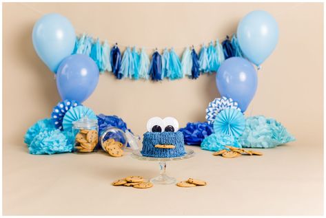 1 Year Photoshoot, Cookie Monster Cakes, Themed Cake Smash, Cookie Monster Birthday Party, Cake Smash Inspiration, Cookie Monster Cake, Cow Outfits, Cookie Monster Birthday, Monster Cake