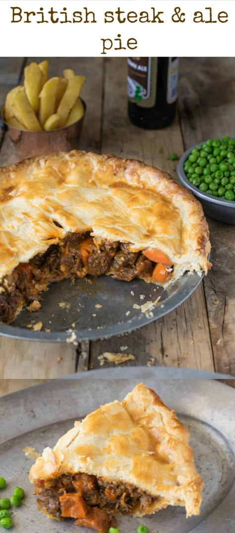 Steak and ale pie is a British classic found at most pubs around England. Serve it with pea and chips for a perfectly comforting meal. Steak And Guinness Pie, Steak And Ale Pie, Steak Ale Pie, Guinness Pie, Ale Pie, Steak And Ale, Meat And Vegetables, Diy Easy Recipes, Scottish Recipes