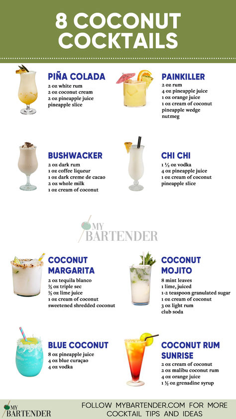 Coconut Cocktails Coconut Cocktails, Cream Cocktails, Coconut Rum Drinks, Bartender Drinks Recipes, Cream Of Coconut, Bartender Drinks, Cocktail Drinks Alcoholic, Homemade Soda, Yummy Alcoholic Drinks