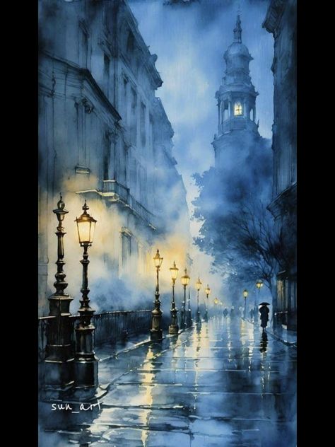 Atmospheric Watercolor, Colorful Horse Painting, Rainy Day Drawing, Night Watercolor, Watercolor Cityscape, Night Cityscape, Cityscape Drawing, Umbrella Painting, Landscape Painting Tutorial