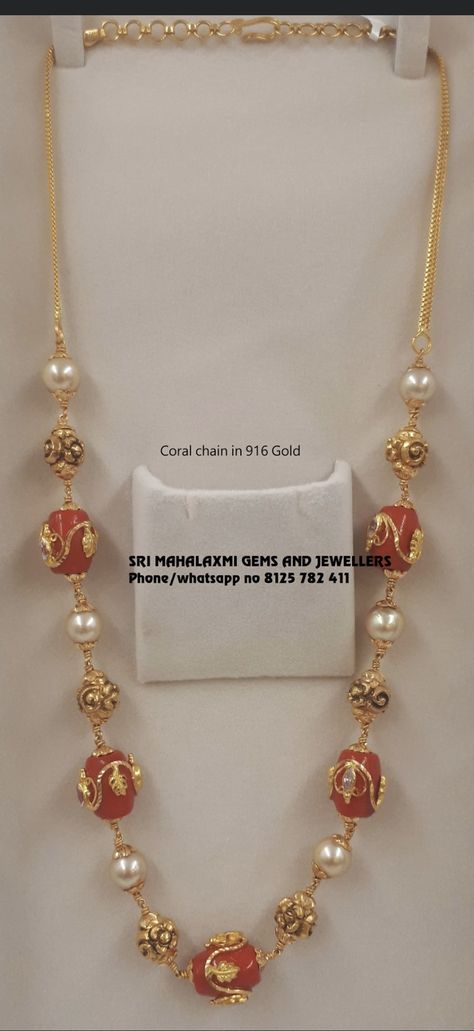 Pagadala Chains Simple, Pagadam Jewellery Necklace, Pearl And Coral Gold Chain, Coral Chain Designs, Coral Chains Gold Indian, Pagadala Haram Designs, Light Weight Gold Pendant Set, Coral Necklace Indian Gold, Pagadala Chains