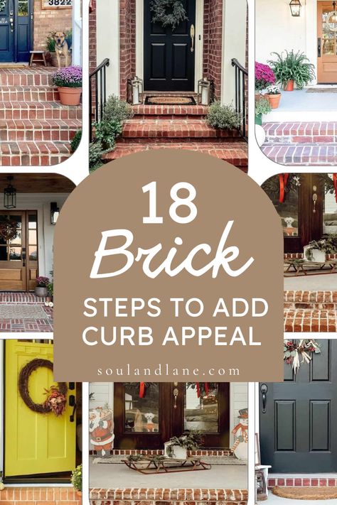 Choose bricks that complement your home’s exterior color palette for a cohesive look. Opt for a classic herringbone or basketweave pattern for added visual interest. Incorporate wrought iron or wooden railings for safety and aesthetic appeal. Accent the steps with landscaped side beds or potted plants for a welcoming touch. These brick step designs promise to boost your home’s curb appeal, creating an inviting path that leaves a lasting impression. Front Porch Brick Steps Ideas, Brick Patterns Exterior, Brick Steps Front Porch Farmhouse, Brick Accents Exterior, Brick Porches Ideas Entrance, Front Porch Red Brick House, Brick Skirting House Exterior, Brick Steps Front Porch Entrance, Brick Stairs Outside Entrance