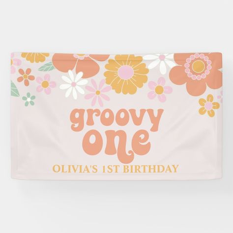 Groovy One, Two Groovy, 2nd Birthday Invitations, Birthday Banners, Floral Birthday, Groovy Retro, Banner Sizes, Birthday Party Banner, Table Cloths