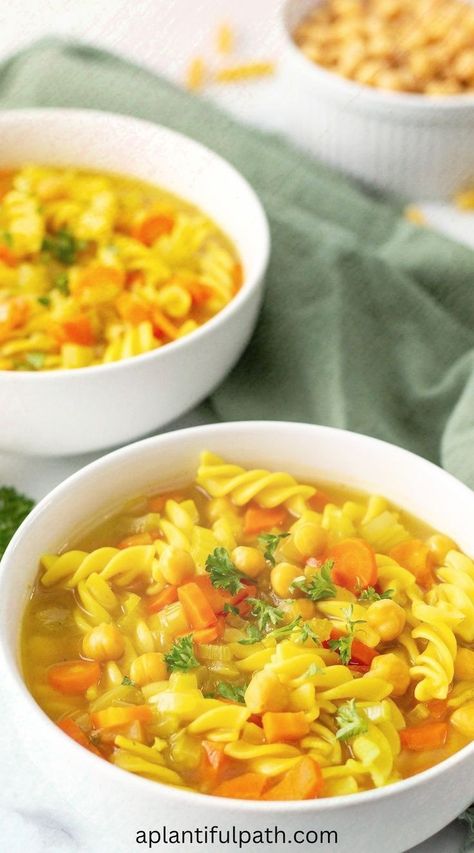 Looking for a healthy, savory, and easy-to-make soup? This vegan homemade chickpea noodle soup is packed with plant-based protein, veggies, and delicious flavors. It’s oil-free, simple to prepare, and perfect for a cozy, satisfying meal any day of the week! Chickpea Noodle Soup, Chickpea Noodle, Vegan Noodle Soup, Homemade Vegetable Broth, Protein Veggies, Oil Free Vegan Recipes, Vegan Pantry, Vegan Chickpea, Gluten Free Noodles