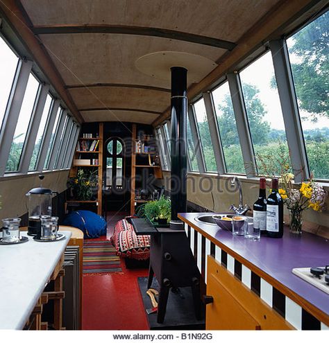 Modern narrowboat interior, England UK - Stock Image House Boat Interior, Barge Interior, Canal Boat Interior, Narrowboat Interiors, Canal Barge, Boat Interior Design, Boat House Interior, Houseboat Living, Narrow Boats