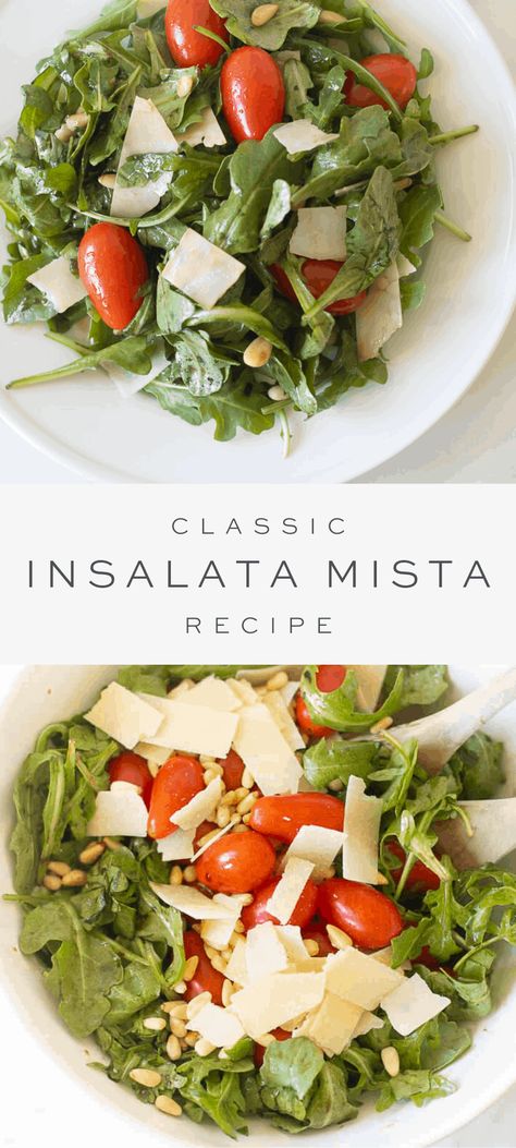 A light and refreshing classic Insalata Mista with shaved parmesan, grape tomatoes, and pine nuts tossed in a delicious balsamic vinaigrette. This mixed salad goes great with just about every entree! #salad #recipe Salad With Shaved Parmesan, Mista Salad Dressing, Arugula Salad With Balsamic Dressing, Tomato Parmesan Salad, Shaved Parmesan Salad, Italian Arugula Salad, Basic Side Salad, Mista Salad, Basic Salad Recipes