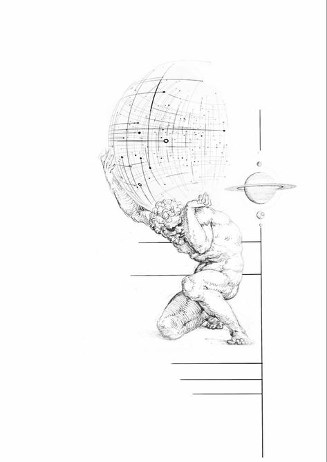 Atlas Tattoos For Men, Greek Mythology Tattoos Linework, Statue Tattoo Design Greek, Atlas Geometric Tattoo, Geometric Greek Tattoo Design, Mens Linework Tattoo, Atlas Tattoo Stencil, Geometric Greek Tattoo, Greek Tattoo Designs Mythology