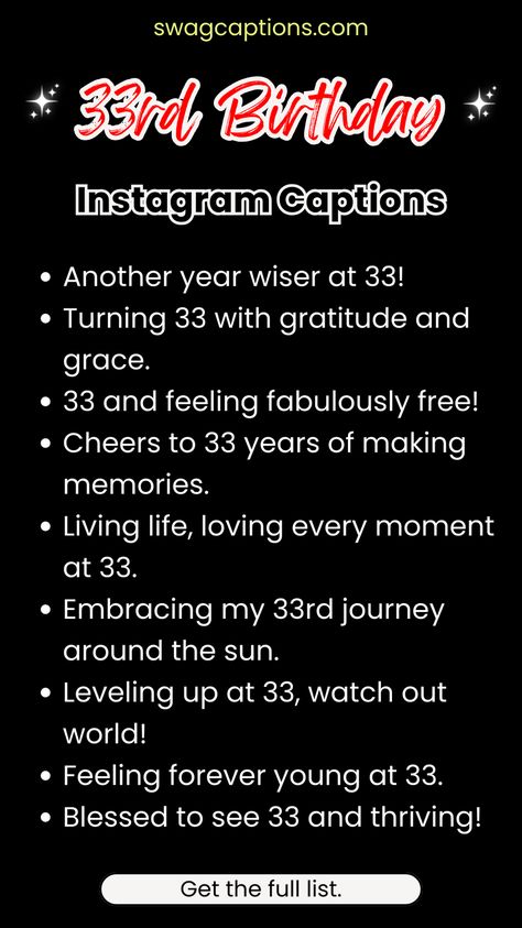 Celebrate your 33rd milestone in style with these trendy and heartfelt Instagram captions! Find the perfect words to capture every moment of your special day. Let your birthday shine with 33rd Birthday Instagram Captions. 33 Birthday Caption Ideas, 33 Years Old Birthday Quotes, 33 Birthday Quotes, 33 Birthday Ideas Women Theme, 33rd Birthday Ideas, Happy 33 Birthday Quotes, 33rd Birthday Ideas For Women Party, 33rd Birthday Photoshoot Ideas, 33 Birthday Photoshoot Ideas