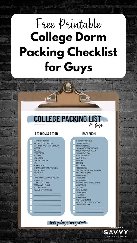 College Dorm Packing Checklist for Guys College Dorm Guys, Dorm Essentials List For Guys, College Dorm Checklist For Guys, Dorm List, Best College Dorms, Dorm Packing, Comfy Bedding, College Dorm Checklist, Dorm Checklist