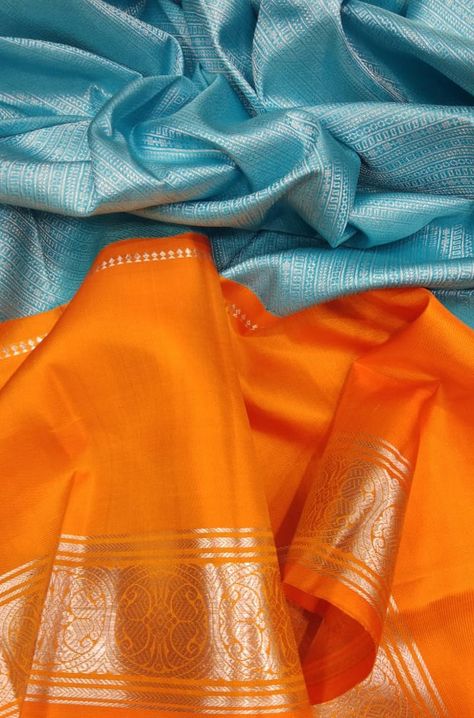 Blue Handloom Kanjeevaram Pure Silk Saree #kanjeevaramsaree# Orange Pattu Saree Contrast Blouse, Saree Combination, Unique Sarees, Blue Silk Saree, Kantha Sarees, Saree Wearing Styles, Indian Bridal Sarees, Pattu Saree Blouse Designs, Silk Saree Kanchipuram