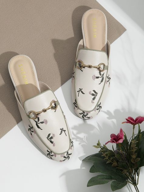 Floral Embroidery Loafer Mules Fairy Shoes, Backless Loafers, Back To School Shoes, Mule Shoes, Clogs And Mules, Cinderella Shoes, Embroidery Shoes, Hand Painted Shoes, Women Flats