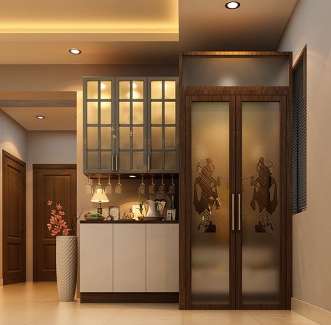 Interior Designers in Bangalore - Athena Apartment | Carafina Pooja Room With Crockery Unit, Pooja Unit Designs In Living Room, Crockery Unit With Pooja Mandir, Pooja Cabinet Design, Pooja Unit Designs, Crockery Unit Ideas, Modern Crockery Unit, Puja Unit Design, Full Home Interior Design