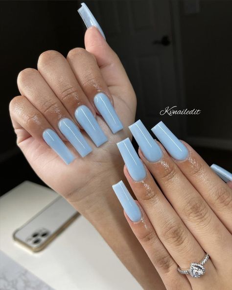 Sky Blue Acrylics, Baby Blue Acrylic Nails Square, Long Baby Blue Nails, Nails Acrylic Baby Blue, Light Blue Nails Coffin, Long Light Blue Nails, Light Blue Acrylics, Baby Blue Square Nails, Milky Blue Nails