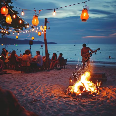 Beachside Musical Evening: Against a stunning sunset backdrop, friends gather around a warm bonfire enjoying live guitar music on the sandy beach. #beach #sunset #bonfire #music #friends #aiart #aiphoto #stockcake ⬇️ Download and 📝 Prompt 👉 https://ayr.app/l/hN2K Fire Pit On Beach, Bbq On The Beach, Beach Bonfire Birthday Party, Bonfire Beach Party, Beach Bonfire Wedding, Beach Bonfire Party Ideas, Bonfire Pictures, Beach Bonfire Party, Friends Moodboard