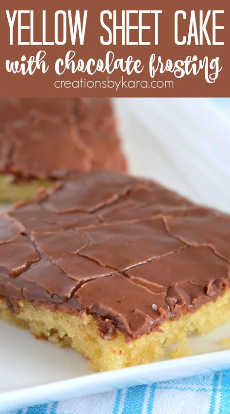 Desserts With Yellow Cake, Chocolate Frosting Yellow Cake, Sheet Cake Yellow, Easy Dessert With Yellow Cake, Fudge Sheet Cake, Classic Yellow Cake With Chocolate Icing, Chocolate Icing For Yellow Cake, Old Fashion Yellow Cake With Fudge Icing, Best Frosting For Yellow Cake