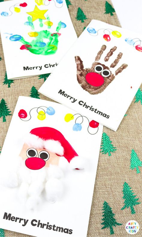 Handprint Christmas Cards for Kids - This is a fun and easy Christmas craft for kids, and one that even works for toddlers and preschoolers. They will not only love transforming their handprints into festive characters - reindeer, Santa and Christmas tree - but will love giving their homemade handprint cards too. Christmas Cards For Kids, Handprint Christmas Cards, Baby Christmas Crafts, Easy Christmas Craft, Treats Christmas, Handprint Christmas, Christmas Crafts For Toddlers, Christmas Cards Kids, Preschool Christmas Crafts