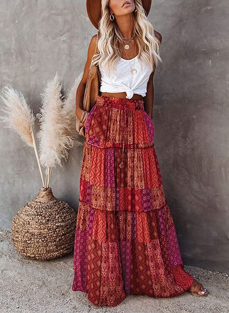 Boho Skirt Outfit, Flowy Skirt Outfit, Look Hippie Chic, Long Flowy Skirt, Look Boho Chic, Boho Chique, Boho Mode, Boho Summer Outfits, Maxi Rok