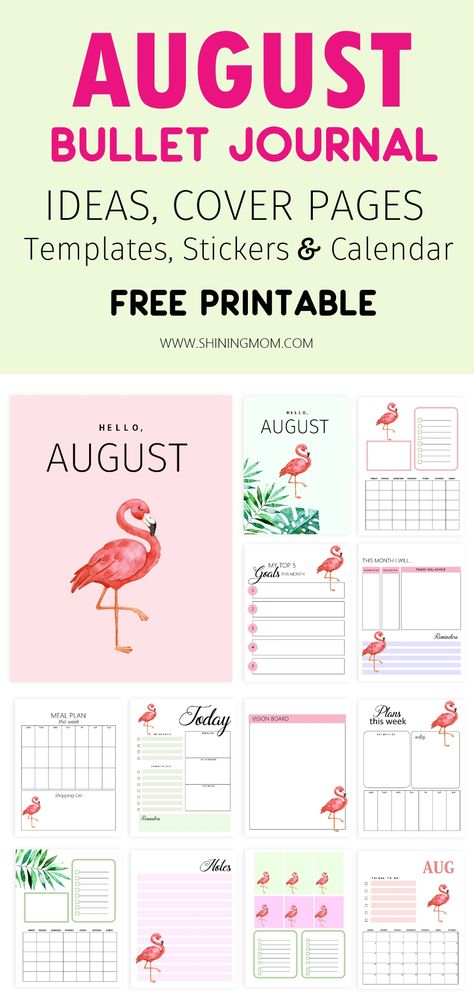 It's easy to polish your plans. This free printable August bullet journal and planner in the pretty flamingo theme will help you do just that. It includes blank bujo templates, daily and weekly planners and more. Click to get yours! #August #bujo #bulletjournal #freeprintables #shiningmomprintables Bujo Templates, August Bujo, Bullet Journal Layout Templates, August Bullet Journal, Daily Planner Book, Planner Free Printable, Goal Setting Planner, Bujo Layout, Journal And Planner