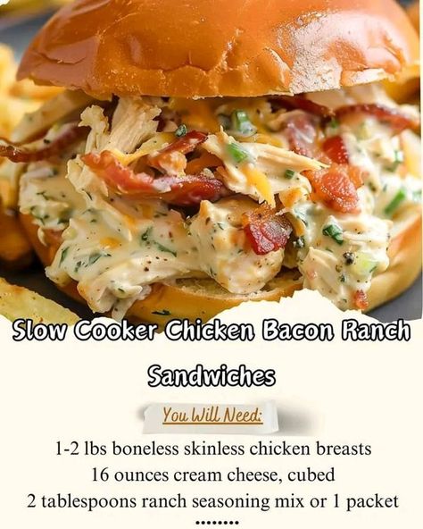 Grandma's Cooking Recipes | Slow Cooker Chicken Bacon Ranch Sandwiches 🥓🍗 | Facebook Slow Cooker Chicken Bacon Ranch, Ranch Sandwich, Chicken Bacon Ranch Sandwich, Spaghetti Chicken, Seasoning Chicken, Recipes Spaghetti, Chicken Oven, Recipes Slow Cooker, Paleo Chicken Recipes