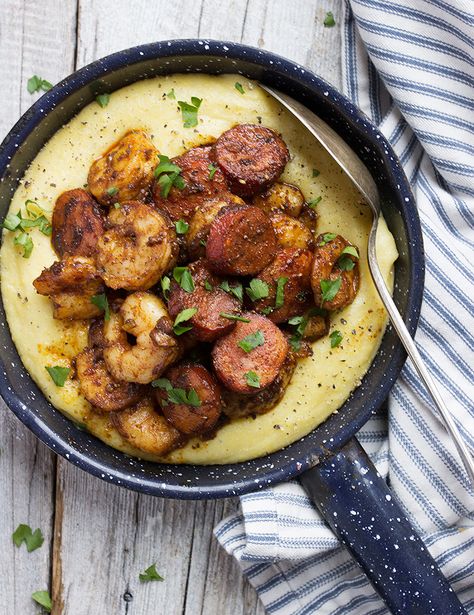 Spicy Chorizo and Shrimp with Polenta - delicious and ready in 30 minutes! Shrimp With Polenta, Shrimp And Polenta, Filet Mignon Chorizo, Chorizo Recipes, Polenta Recipes, Shrimp And Grits, Grits, Seafood Dishes, Shrimp Recipes