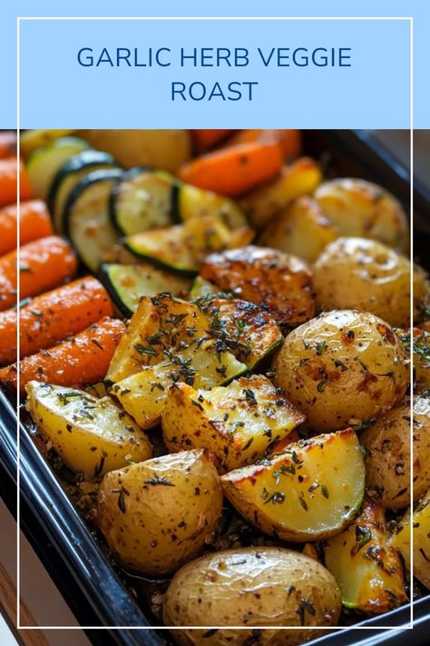 This pin showcases a delicious Garlic Herb Roasted Potatoes, Carrots & Zucchini recipe. A perfect example of a healthy and flavorful vegetable side dish, catering to dinner or gatherings. Image includes vibrant roasted vegetables. Green Vegetable Side Dish Healthy, Roasted Zucchini And Potatoes, Pan Sheet Veggies, Garlic Herb Roasted Potatoes And Carrots, Multi Colored Carrots Recipe, Garlic Herb Roasted Potatoes Carrots And Zucchini Recipe, How To Roast Vegetables In The Oven, Vegetable Medley Recipes, Roasted Potatoes And Zucchini