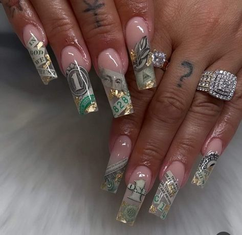 Dollar Sign Nails Design, Money Design Nails, Money Inspired Nails, Nails Money Design, Nails With Money Design, Scarface Nails, Short Money Nails, Money Acrylic Nail Design, Dollar Nails Designs