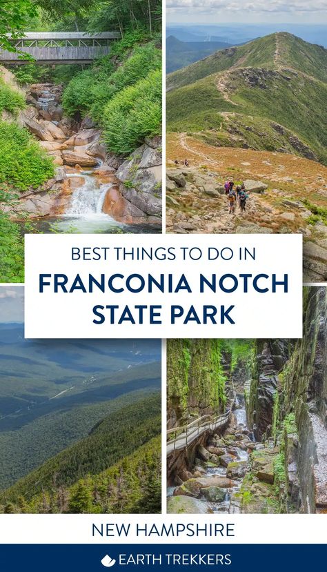 Best things to do in Franconia Notch State Park, New Hampshire. Echo Lake, Flume Gorge, Franconia Ridge Loop Trail, Cannon Mountain and more. Earth Trekkers, Flume Gorge, Maine Road Trip, Franconia Notch, New England Coast, Road Trip Map, Echo Lake, New England Fall, White Mountains