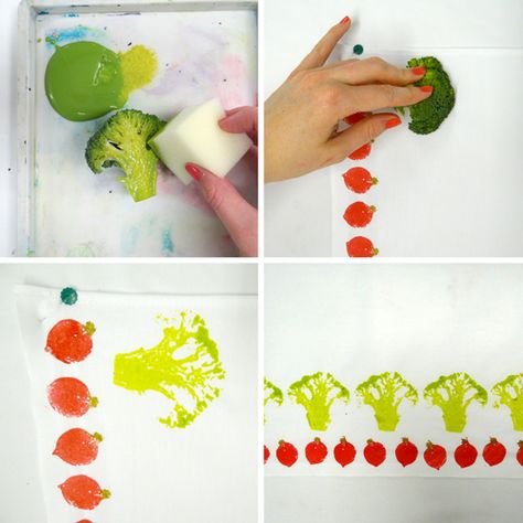 Fabric Printing with Vegetables! – Handprinted Stamping With Fruits And Vegetables, Block Printing With Vegetables, Vegetable Impression Painting, Vegetable Stamping Art, Vegetables Printing Ideas For Kids, Vegetable Printing Art For Kids, Vegetable Printing Designs, Fruit Art For Kids, Printing With Vegetables