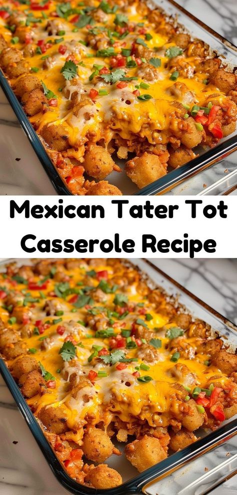 Enjoy a zesty twist with this Mexican Tater Tot Casserole! Mexican Tot Casserole, Chili Tater Tot Casserole Recipes, Tator Tot Casserole With Mixed Veggies, Tator Tot Casserole Mexican, Mexican Casserole With Ranch Style Beans, Tater Tot Mexican Casserole, Tater Tot Enchilada Casserole, Tortilla Chip Casserole Beef, Tater Tot Casserole Taco