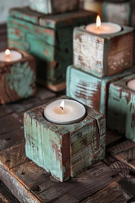 Wood Recycling Ideas, Wood Candle Holders Diy Christmas, Chunky Wood Candle Holders, Wooden Candle Holders Diy Wood Blocks, Everyday Diy Crafts, Advent Candle Holder Diy, 4x4 Wood Crafts Diy Projects, Wood Lanterns Diy, Wood Plaque Ideas Diy