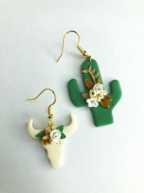 Bull Clay Earrings, Diy Cactus Earrings, Clay Cactus Earrings, Polymer Clay Cactus Earrings, Buttons Earrings, Felt Earrings, Cactus Jewelry, Felted Earrings, Handmade Leather Jewelry