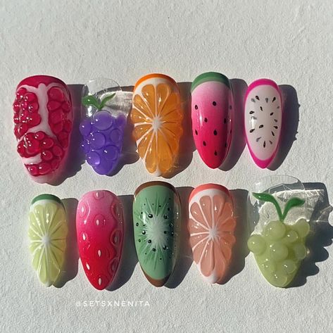 Fruits On Nails, Fruit Salad Nails, Nails Fruit Design, Cute Fruit Nails, Nail Profile, Orange Fruit Nails, Summer Nails Fruit, Fruits Nails, Nail Art Fruit