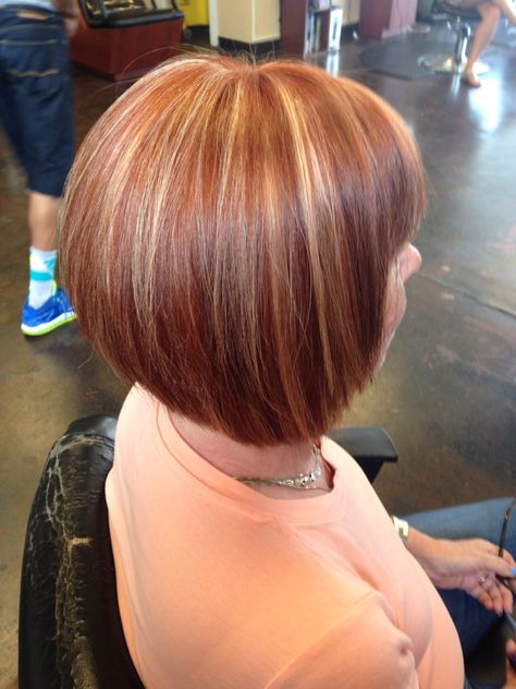 Red copper hair with blonde highlights and perfect Bob with bangs Red Bob With Highlights, Red Hair With Highlights Short, Copper Bangs, Copper Hair With Blonde Highlights, Copper Hair With Blonde, Trendy Hair Highlights, Highlights Copper, Red Copper Hair, Blonde Highlights Short Hair