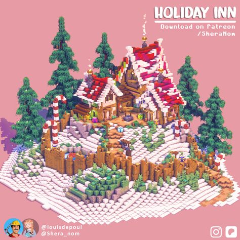 Hallo there! It's a holiday season so I thought it would be a perfect time to share this adorable Holiday Village!  It has 3 cozy houses, on of them is a diner and 2 other are for your guests to stay! This survival friendly build is just perftct for this time of the year :) Download the whole map and assets on my Patreon <3 Happy Holidays! Minecraft Server Builds, Minecraft Map Ideas, Minecraft Build Themes, Minecraft Winter Village, Japan Minecraft Builds, Christmas House Minecraft, Concept Art Minecraft, Minecraft Christmas Building Ideas, Minecraft Snow Village