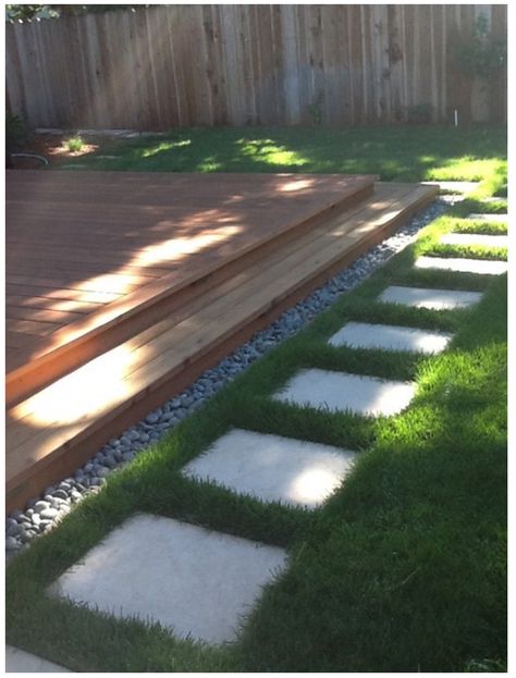 Like the pebbles around the deck Rocks Around Decking, Decking And Pebbles, Garden Border Stones, Mowing Strip, Backyard Pavers, Ground Deck, Rock Mulch, Contemporary Outdoor Living, Ground Level Deck