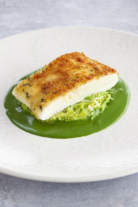 Leek Fondue, Plated Meals, Crusted Halibut, Halibut Recipe, Parsley Sauce, Fish Breading, Parsley Recipes, Leek Recipes, Halibut Recipes