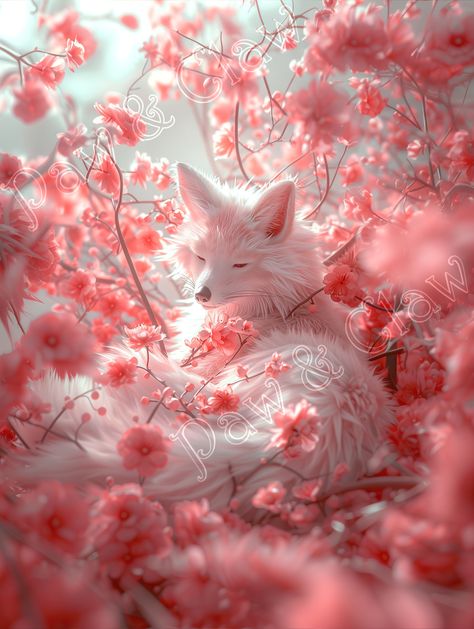 Arctic Fox surrounded by pink blossoms flowers, beautiful animal art print. Arctic Fox is an original digital art print. Ideal for a statement wall art print, original t-shirt design, coaster, cushion cover, mug design or anything you can think of! Would make the perfect animal lover gift Print at home for a stunning statement wall art poster. Bring some beautiful boho vintage victorian sophistication into your home with this original artwork. Custom sizes are available upon request. Fox Printable, Pink Fox, Pink Wallpaper Girly, Blossom Print, Cute Kawaii Animals, Printable Animals, Arctic Fox, Fox Print, Tassen Design