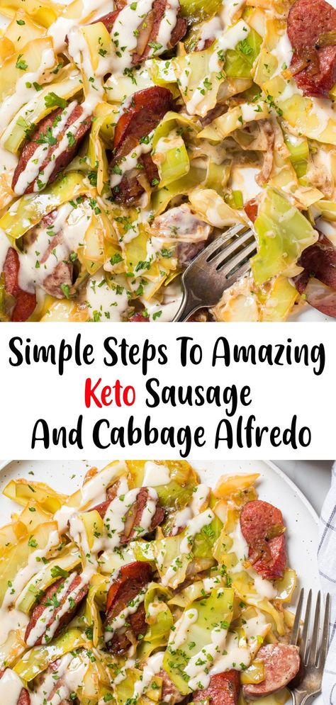 Keto sausage and cabbage alfredo is a great keto diet, low carb dinner option. Using cabbage in the place of noodles and adding in sausage for extra protein and flavor. Creamy Sausage And Cabbage, Cabbage Recipe Sausage, Cabbage Sausage Cream Cheese, Creamy Cabbage Alfredo, Creamy Cabbage And Sausage Recipes, Alfredo Cabbage And Sausage, Fried Cabbage Recipes Sausage, Keto Cabbage Alfredo, Cabbage Alfredo With Sausage