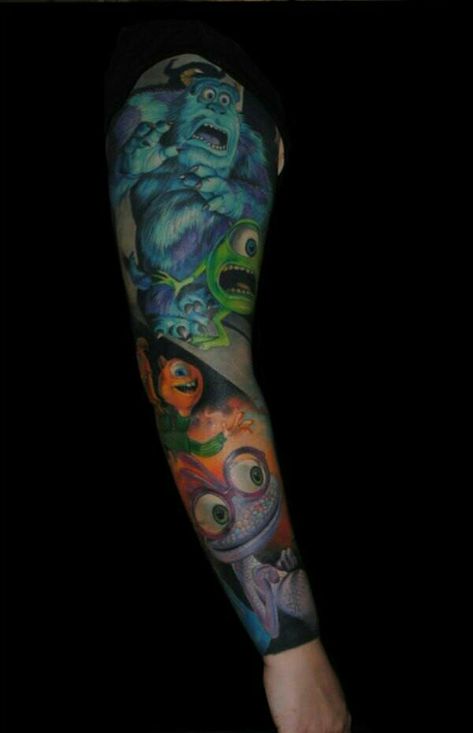 Awesome Pixar tattoo sleeve... Pixar Tattoo Sleeve, Monsters Inc Tattoo, Pixar Tattoo, Tattoo Sleeve Women, Monster Ink, Disney Sleeve, Tattoos Inspiration, Full Sleeve Tattoo Design, Monster Inc