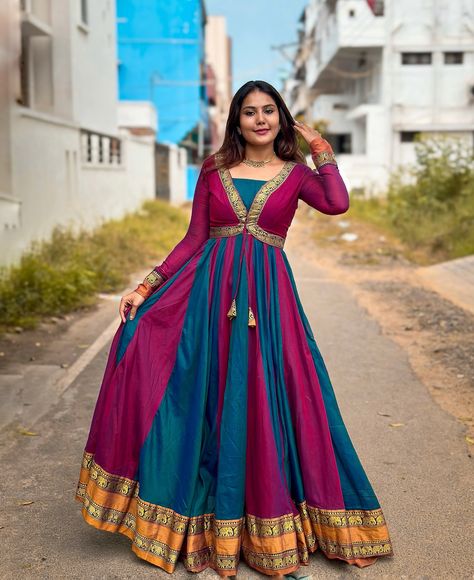 RADHA🌸- DIWALI EDITION LK295 Grab this beautiful Narayanpet gown in vibrant color combination for your upcoming festive season . Pattu Saree Long Frocks Designs, Dress From Saree Ideas, Saree To Dress Convert, Narayanpet Half Sarees, Saree To Gown Convert, Long Gown Dress From Saree, Dress From Saree, Saree Dress Design Ideas, Saree Dress Design