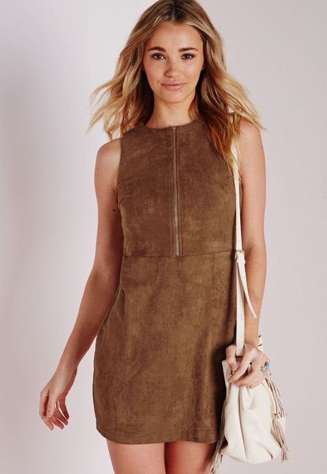 Pin for Later: The 1 Winter Staple Katie Holmes Just Made Cool Again  Missguided Faux Suede Zip Front Shift Dress ($43) French Capsule Wardrobe, Suede Outfit, Latest Dress Design, Shift Dresses, Tan Dresses, New Dresses, Suede Dress, Dresses Uk, Brown Suede