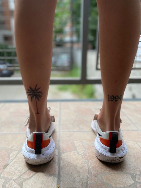 Palm Tree Tattoo Back Of Leg, Palm Tree Tattoo Women, Palm Tree Calf Tattoo, Florida Palm Tree Tattoo, Behind Calf Tattoo For Women, Palm Tree Leg Tattoo, Big Ankle Tattoo, Florida Tattoo For Women, Florida Inspired Tattoo