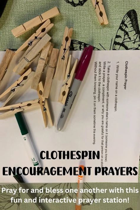 This creative prayer practice doubles as a compliment game. Set up these clothespin encouragement prayers as an interactive prayer station and get people praying for and blessing one another. #prayerstationideas #complimentgame #encouragementprayers #sundayschool People Praying, Prayer Crafts, Clothes Pin Games, Prayer Breakfast, Prayer Stations, Prayer Partner, Prayers Of Encouragement, Prayer Station, Prayer Meeting